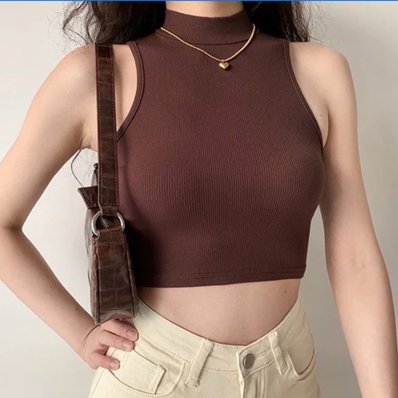 Pellucid - brown Basics Threaded Sleeveless Top cropped mock neck- size small - Picture 1 of 6